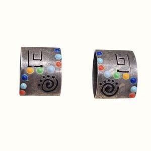 Artisan 925 Sterling Silver Modernist Earrings Enamel Geometric Spiral Studs